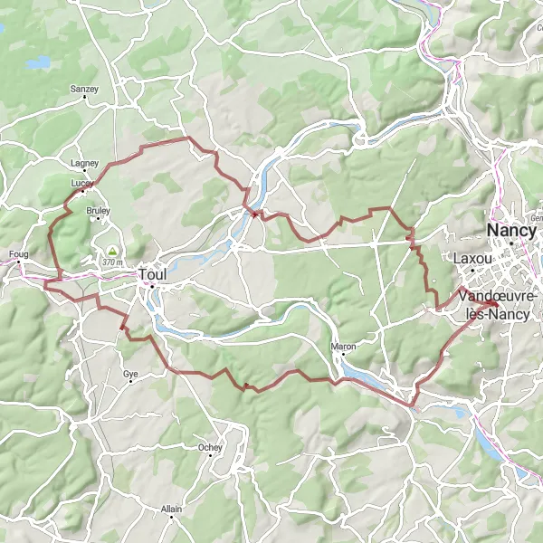 Map miniature of "The Gravel Loop of Bicqueley" cycling inspiration in Lorraine, France. Generated by Tarmacs.app cycling route planner