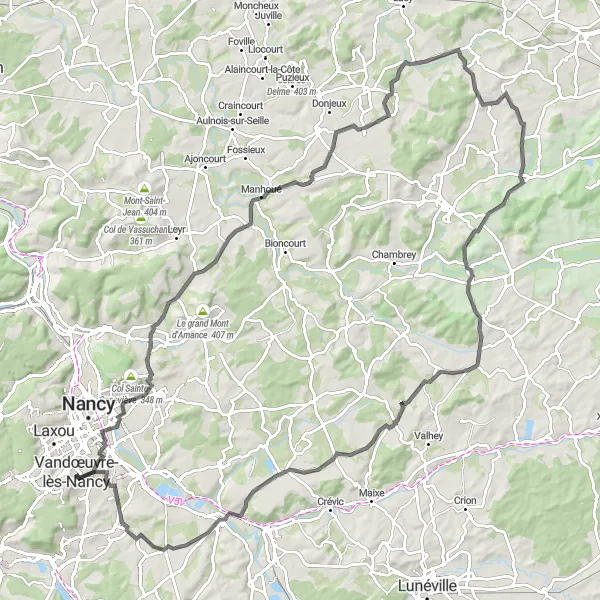Map miniature of "The Nancy Valley Adventure" cycling inspiration in Lorraine, France. Generated by Tarmacs.app cycling route planner