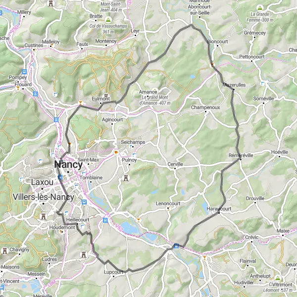 Map miniature of "Nancy Countryside Escape" cycling inspiration in Lorraine, France. Generated by Tarmacs.app cycling route planner