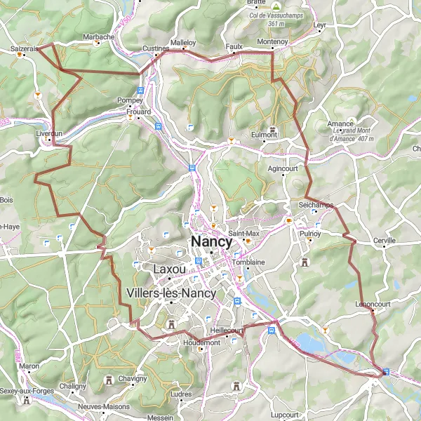 Miniature de la carte de l'inspiration cycliste "Boucle pittoresque à Liverdun" dans la Lorraine, France. Générée par le planificateur d'itinéraire cycliste Tarmacs.app