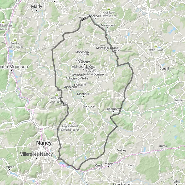 Miniature de la carte de l'inspiration cycliste "Route des collines de Lorraine" dans la Lorraine, France. Générée par le planificateur d'itinéraire cycliste Tarmacs.app