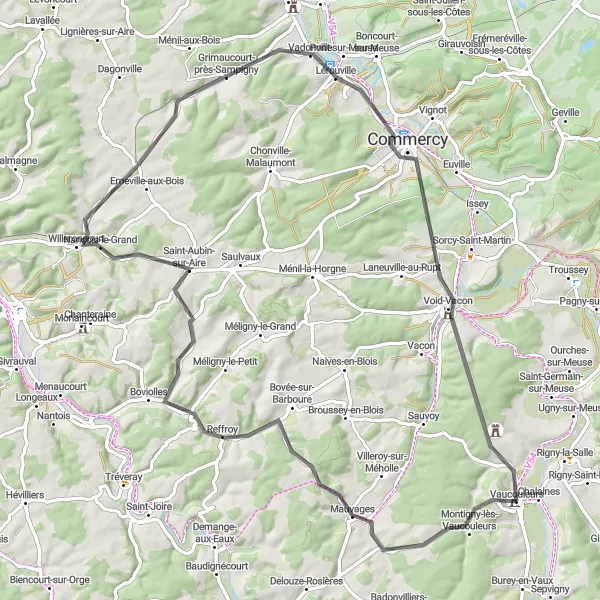 Miniature de la carte de l'inspiration cycliste "Tour de la Meuse" dans la Lorraine, France. Générée par le planificateur d'itinéraire cycliste Tarmacs.app