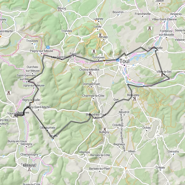 Miniature de la carte de l'inspiration cycliste "Parcours de Toul" dans la Lorraine, France. Générée par le planificateur d'itinéraire cycliste Tarmacs.app