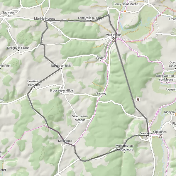 Map miniature of "Vaucouleurs and Château de Gombervaux Loop" cycling inspiration in Lorraine, France. Generated by Tarmacs.app cycling route planner