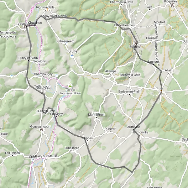 Map miniature of "Scenic Tranquility" cycling inspiration in Lorraine, France. Generated by Tarmacs.app cycling route planner