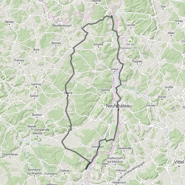 Map miniature of "Champougny and Neufchâteau Adventure" cycling inspiration in Lorraine, France. Generated by Tarmacs.app cycling route planner