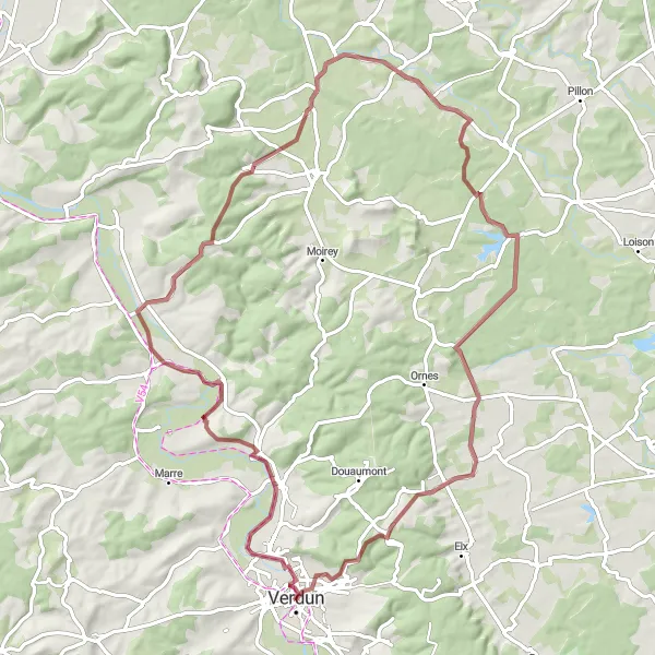 Map miniature of "Exploring Gravel Routes and Historical Landmarks" cycling inspiration in Lorraine, France. Generated by Tarmacs.app cycling route planner