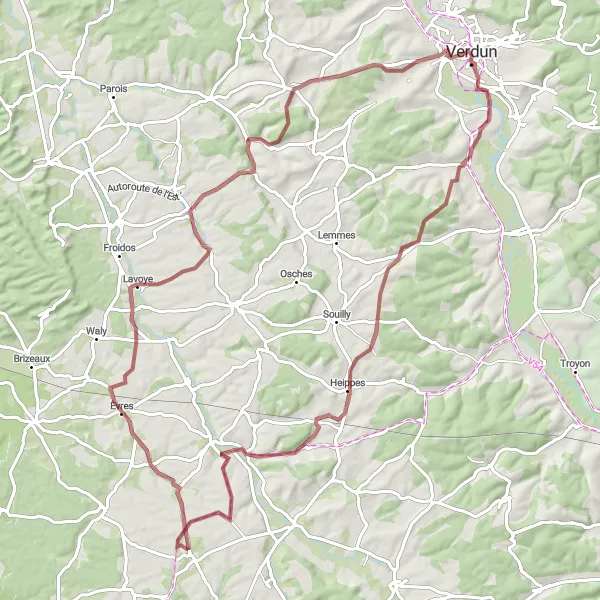 Map miniature of "Exciting Gravel Adventure with Historical Significance" cycling inspiration in Lorraine, France. Generated by Tarmacs.app cycling route planner
