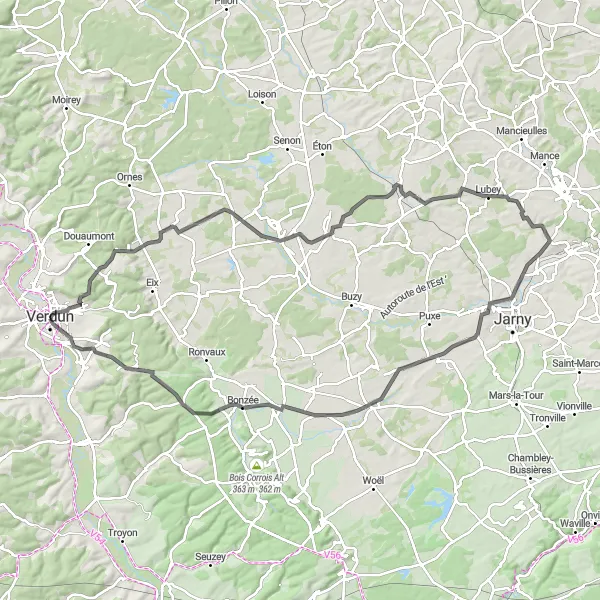 Map miniature of "Historical and Scenic Road Cycling Tour" cycling inspiration in Lorraine, France. Generated by Tarmacs.app cycling route planner