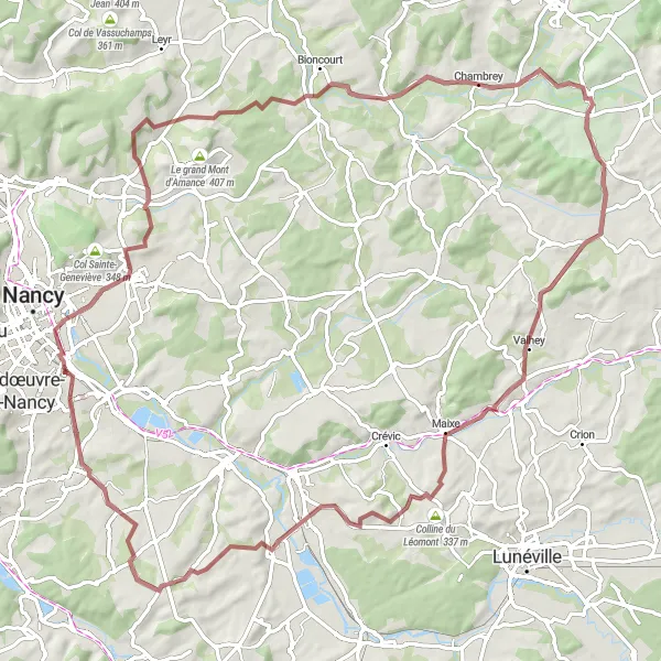 Miniature de la carte de l'inspiration cycliste "Aventure gravel à travers la campagne lorraine" dans la Lorraine, France. Générée par le planificateur d'itinéraire cycliste Tarmacs.app