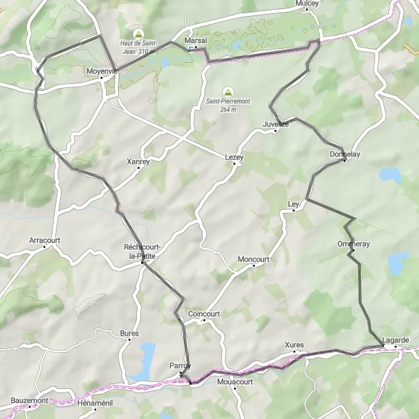 Map miniature of "Escapade through Vic-sur-Seille and its Surroundings" cycling inspiration in Lorraine, France. Generated by Tarmacs.app cycling route planner