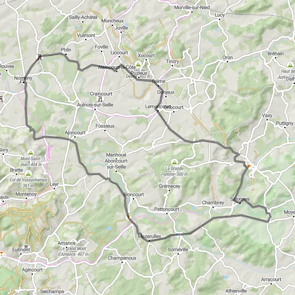 Map miniature of "Seille Valley Loop" cycling inspiration in Lorraine, France. Generated by Tarmacs.app cycling route planner