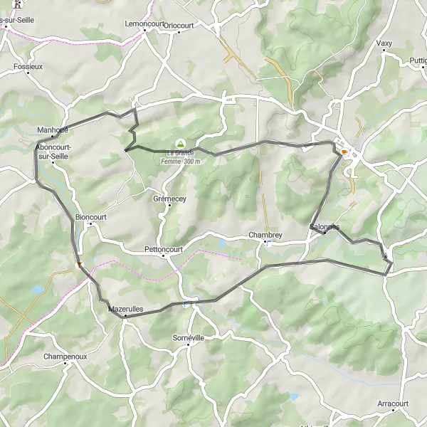 Miniature de la carte de l'inspiration cycliste "Tour cycliste rapide à travers la campagne lorraine" dans la Lorraine, France. Générée par le planificateur d'itinéraire cycliste Tarmacs.app
