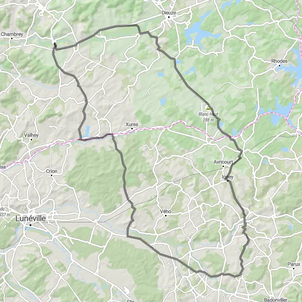 Miniature de la carte de l'inspiration cycliste "Excursion à vélo à travers les collines de Lorraine" dans la Lorraine, France. Générée par le planificateur d'itinéraire cycliste Tarmacs.app