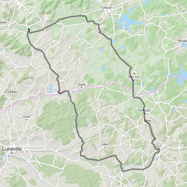 Miniature de la carte de l'inspiration cycliste "Escapade à Domjevin" dans la Lorraine, France. Générée par le planificateur d'itinéraire cycliste Tarmacs.app