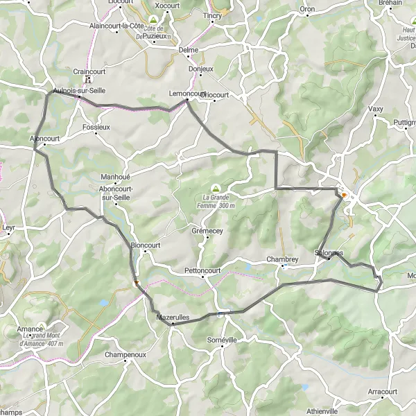Map miniature of "Scenic Tour Around Seille River" cycling inspiration in Lorraine, France. Generated by Tarmacs.app cycling route planner