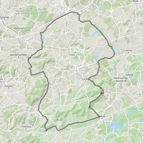 Map miniature of "Discover the Secrets of Moselle Valley" cycling inspiration in Lorraine, France. Generated by Tarmacs.app cycling route planner