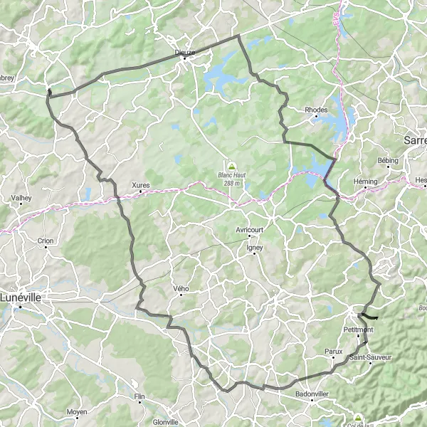 Miniature de la carte de l'inspiration cycliste "Tour autour de Gondrexange" dans la Lorraine, France. Générée par le planificateur d'itinéraire cycliste Tarmacs.app