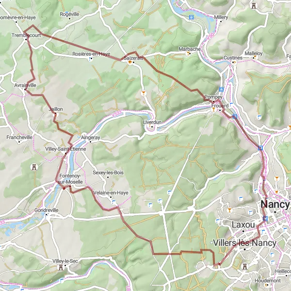 Map miniature of "Gravel adventure through natural beauty" cycling inspiration in Lorraine, France. Generated by Tarmacs.app cycling route planner