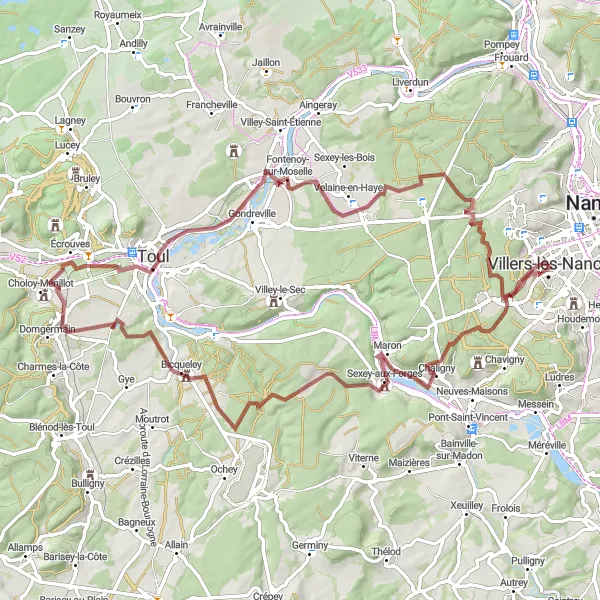 Map miniature of "Gravel Ride to Sexey-aux-Forges and Villers-lès-Nancy" cycling inspiration in Lorraine, France. Generated by Tarmacs.app cycling route planner