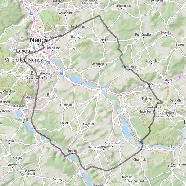 Miniature de la carte de l'inspiration cycliste "Boucle pittoresque de Vandœuvre-lès-Nancy" dans la Lorraine, France. Générée par le planificateur d'itinéraire cycliste Tarmacs.app