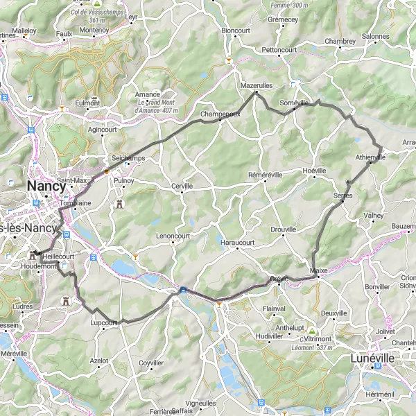 Map miniature of "Scenic Road Cycling Tour from Tomblaine to Dombasle-sur-Meurthe" cycling inspiration in Lorraine, France. Generated by Tarmacs.app cycling route planner