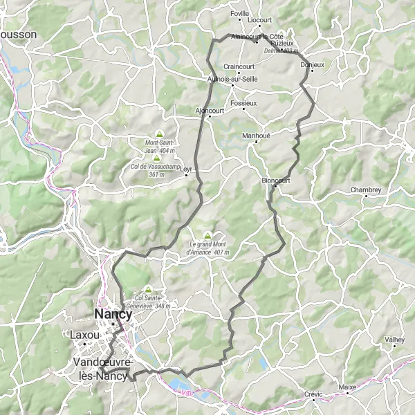 Miniature de la carte de l'inspiration cycliste "Parcours vallonné autour de Vandœuvre-lès-Nancy" dans la Lorraine, France. Générée par le planificateur d'itinéraire cycliste Tarmacs.app