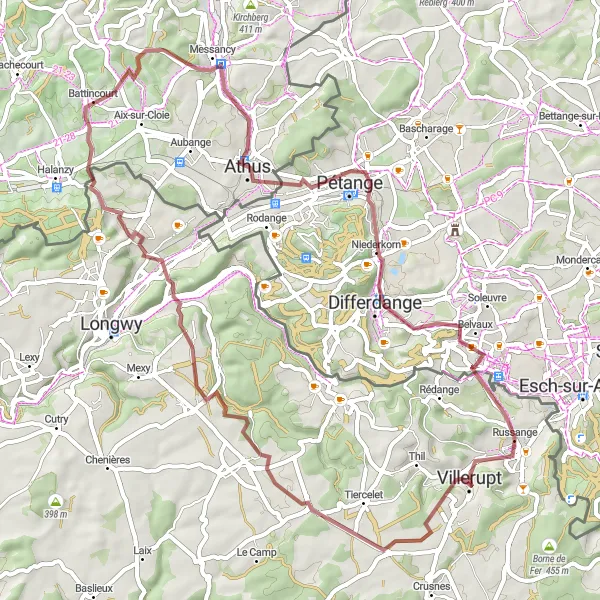 Map miniature of "Gravel Adventure Through Countryside" cycling inspiration in Lorraine, France. Generated by Tarmacs.app cycling route planner