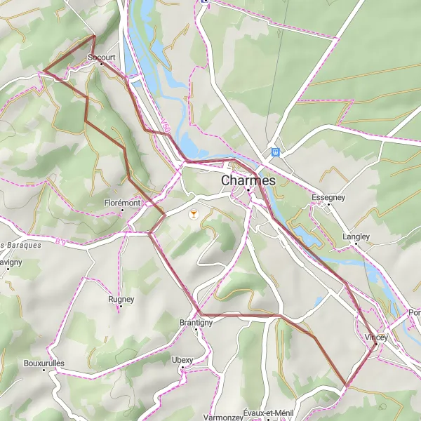 Map miniature of "Gravel Ride from Vincey to Brantigny, Socourt, and Langley" cycling inspiration in Lorraine, France. Generated by Tarmacs.app cycling route planner