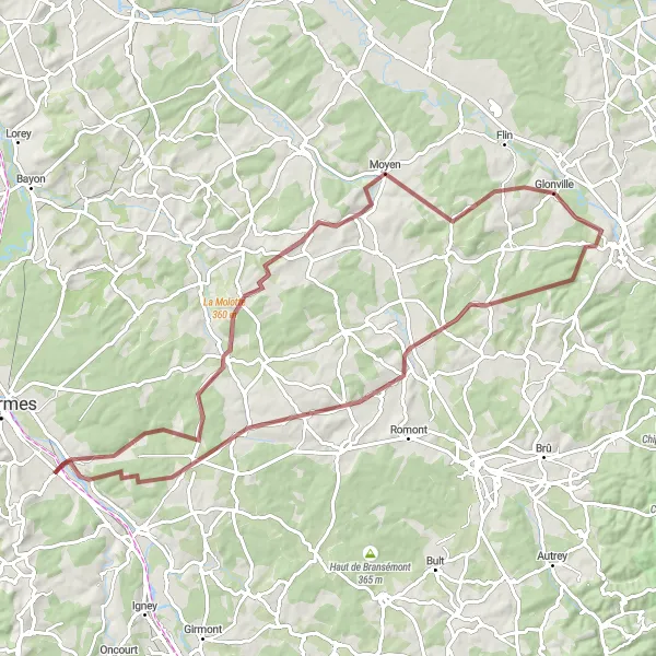 Map miniature of "Gravel Adventure from Vincey to Glonville and Hardancourt" cycling inspiration in Lorraine, France. Generated by Tarmacs.app cycling route planner