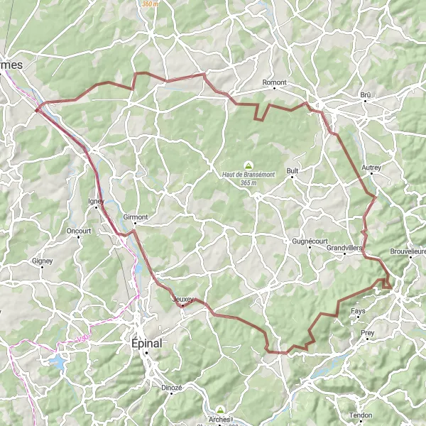 Map miniature of "Vincey-Rehaincourt-Tête de Châtillon-Nomexy Loop" cycling inspiration in Lorraine, France. Generated by Tarmacs.app cycling route planner