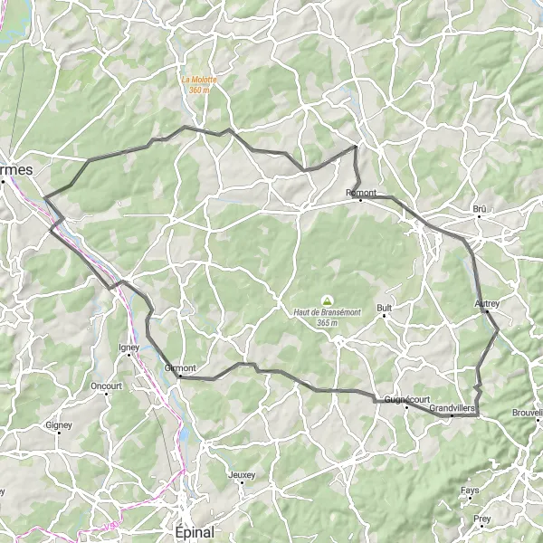 Map miniature of "Vincey-Damas-aux-Bois-Vaxoncourt Loop" cycling inspiration in Lorraine, France. Generated by Tarmacs.app cycling route planner