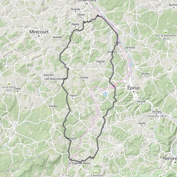 Map miniature of "Vincey-Nomexy-Ville-sur-Illon-Rapey Loop" cycling inspiration in Lorraine, France. Generated by Tarmacs.app cycling route planner