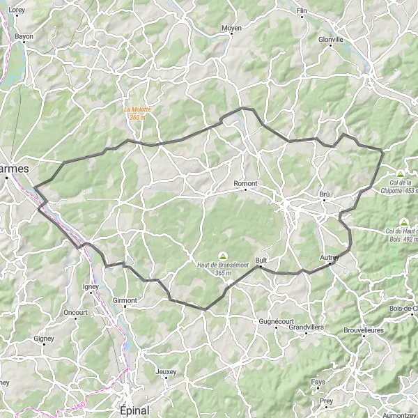 Map miniature of "Châtel-sur-Moselle Loop" cycling inspiration in Lorraine, France. Generated by Tarmacs.app cycling route planner