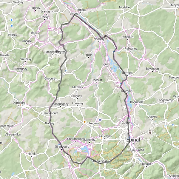 Map miniature of "Épinal Escape" cycling inspiration in Lorraine, France. Generated by Tarmacs.app cycling route planner