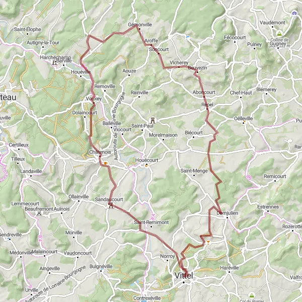 Map miniature of "Sandaucourt and Dolaincourt Gravel Cycling Route" cycling inspiration in Lorraine, France. Generated by Tarmacs.app cycling route planner