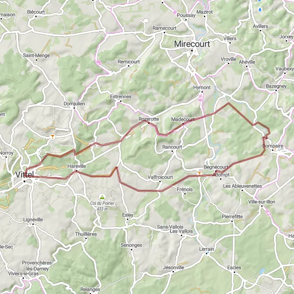 Map miniature of "Domèvre-sous-Montfort and Haréville Gravel Cycling Route" cycling inspiration in Lorraine, France. Generated by Tarmacs.app cycling route planner