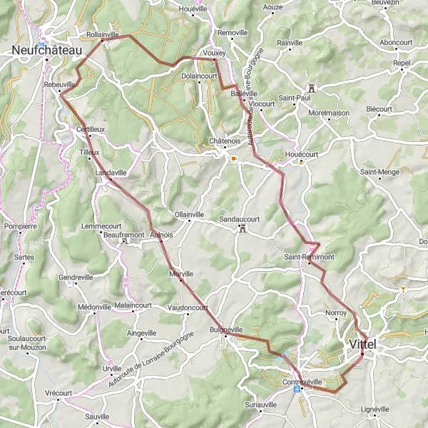 Miniature de la carte de l'inspiration cycliste "Boucle autour de Vittel et Contrexéville" dans la Lorraine, France. Générée par le planificateur d'itinéraire cycliste Tarmacs.app