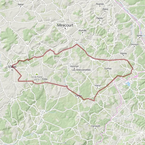 Map miniature of "Vittel and Dommartin-aux-Bois Gravel Cycling Route" cycling inspiration in Lorraine, France. Generated by Tarmacs.app cycling route planner