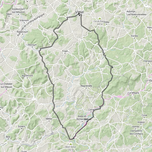 Miniature de la carte de l'inspiration cycliste "Circuit de Vittel via Martigny-les-Bains" dans la Lorraine, France. Générée par le planificateur d'itinéraire cycliste Tarmacs.app