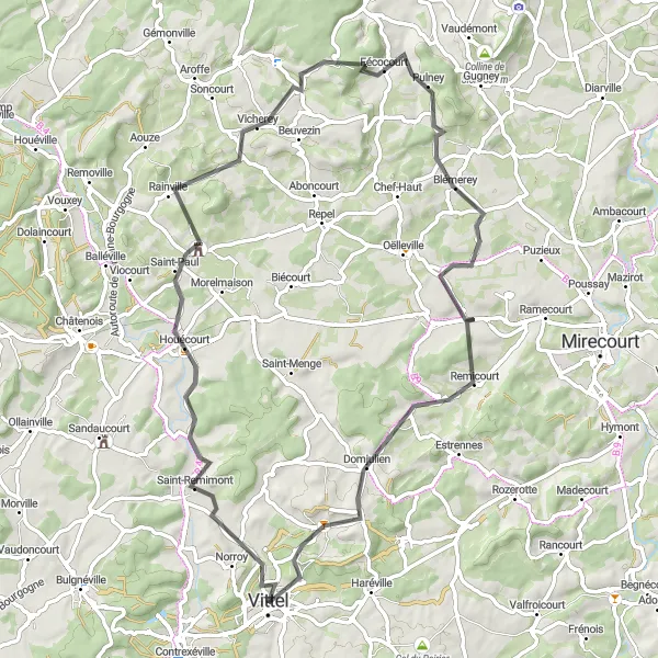 Miniature de la carte de l'inspiration cycliste "Tour des villages pittoresques autour de Vittel" dans la Lorraine, France. Générée par le planificateur d'itinéraire cycliste Tarmacs.app
