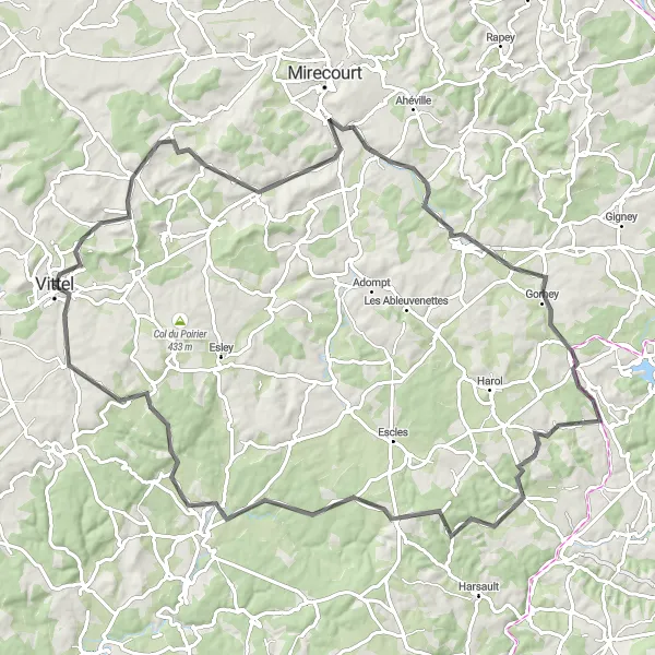 Miniature de la carte de l'inspiration cycliste "Boucle au départ de Vittel vers Bonvillet" dans la Lorraine, France. Générée par le planificateur d'itinéraire cycliste Tarmacs.app