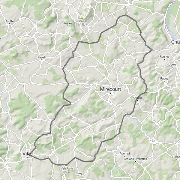 Miniature de la carte de l'inspiration cycliste "Parcours vers le Col du Poirier depuis Vittel" dans la Lorraine, France. Générée par le planificateur d'itinéraire cycliste Tarmacs.app