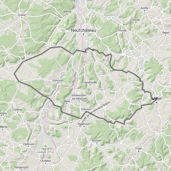 Miniature de la carte de l'inspiration cycliste "Parcours à travers la campagne lorraine depuis Vittel" dans la Lorraine, France. Générée par le planificateur d'itinéraire cycliste Tarmacs.app