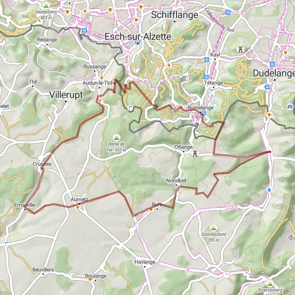 Miniature de la carte de l'inspiration cycliste "Les Gaumais en gravel" dans la Lorraine, France. Générée par le planificateur d'itinéraire cycliste Tarmacs.app