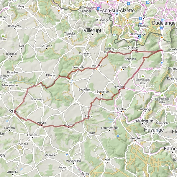Miniature de la carte de l'inspiration cycliste "Explorer les Sentiers de Gravel et de Nature" dans la Lorraine, France. Générée par le planificateur d'itinéraire cycliste Tarmacs.app