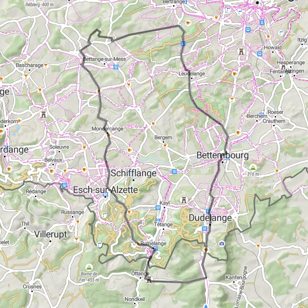 Miniature de la carte de l'inspiration cycliste "Boucle des Châteaux et des collines" dans la Lorraine, France. Générée par le planificateur d'itinéraire cycliste Tarmacs.app