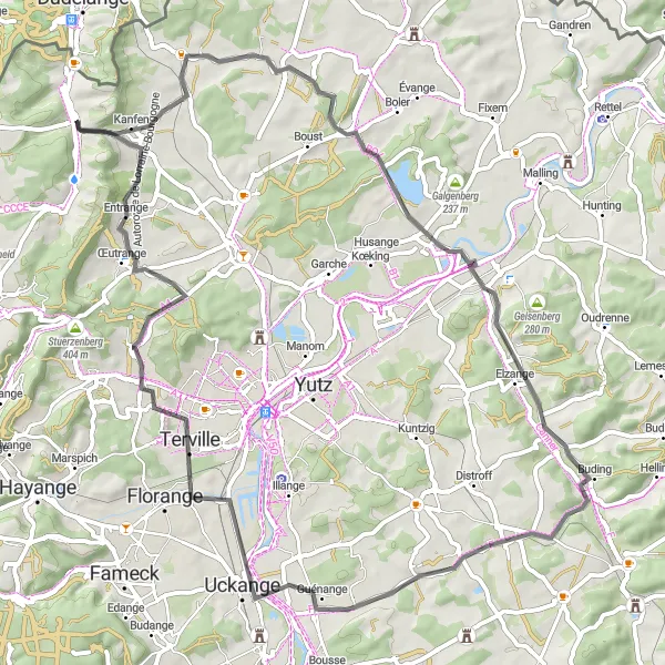 Miniature de la carte de l'inspiration cycliste "Les paysages de la frontière" dans la Lorraine, France. Générée par le planificateur d'itinéraire cycliste Tarmacs.app