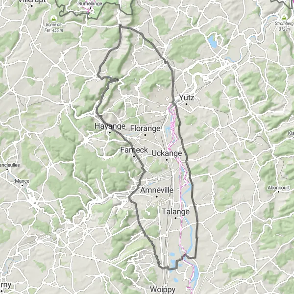 Miniature de la carte de l'inspiration cycliste "Les villages de Moselle" dans la Lorraine, France. Générée par le planificateur d'itinéraire cycliste Tarmacs.app