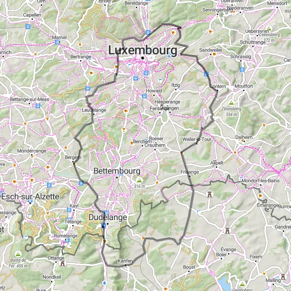 Miniature de la carte de l'inspiration cycliste "Les villages luxembourgeois" dans la Lorraine, France. Générée par le planificateur d'itinéraire cycliste Tarmacs.app